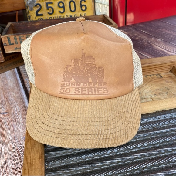 ?✨VINTAGE 80’s JOHN DEERE LEATHER +CORDUROY MESH SNAPBACK TRUCKER HAT O/S main image 15